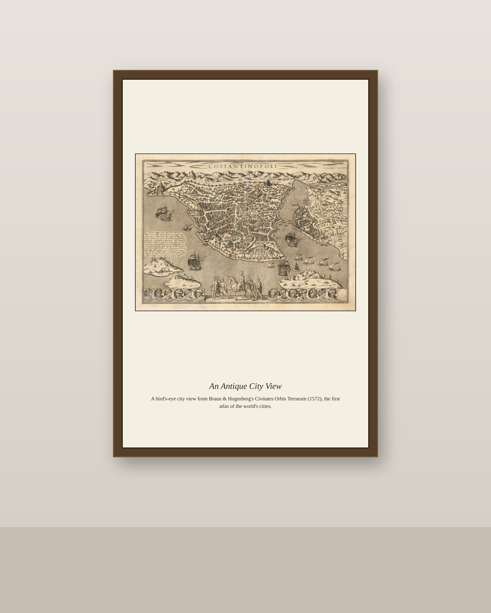 Costantinopoli antique art print shown framed on a wall in a styled room