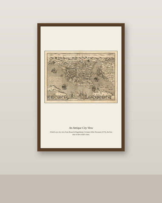 Costantinopoli antique art print shown framed on a wall in a styled room