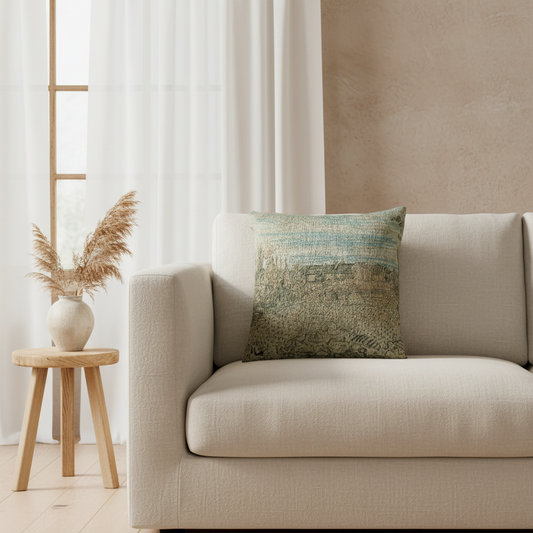 A square throw pillow with a distressed, textured abstract pattern in muted green, beige, and blue-gray tones, resting on a light beige fabric sofa in a bright, modern living room setting.