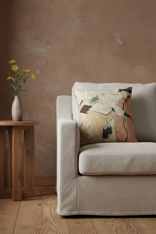 A square decorative throw pillow with an abstract art print featuring a woman in a black hat, placed on a light beige armchair in a styled living room setting with a wooden side table and textured wall.
