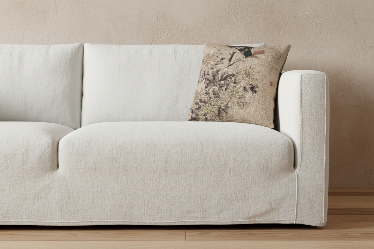 Crested Myna Birds and Chrysanthemums Pillow