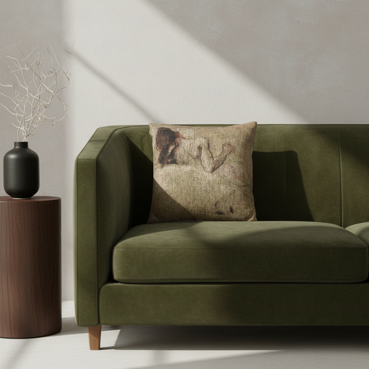 An olive green velvet sofa in a modern living room setting, featuring a square throw pillow with a vintage-style nude painting print on a linen background, next to a dark wooden side table with a black vase.