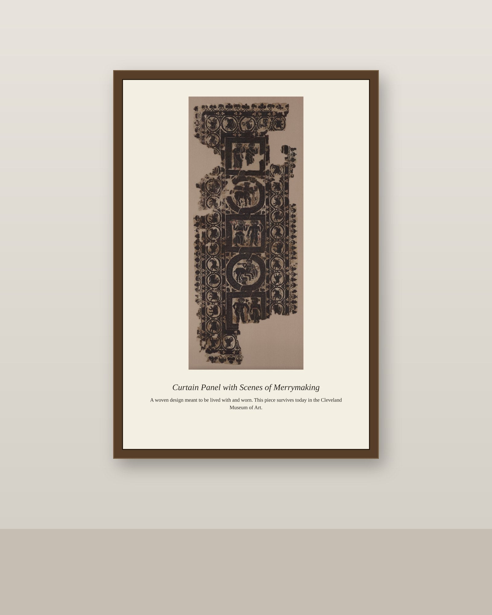 Curtain Panel with Scenes of Merrymaking antique textile print shown framed on a wall in a styled room