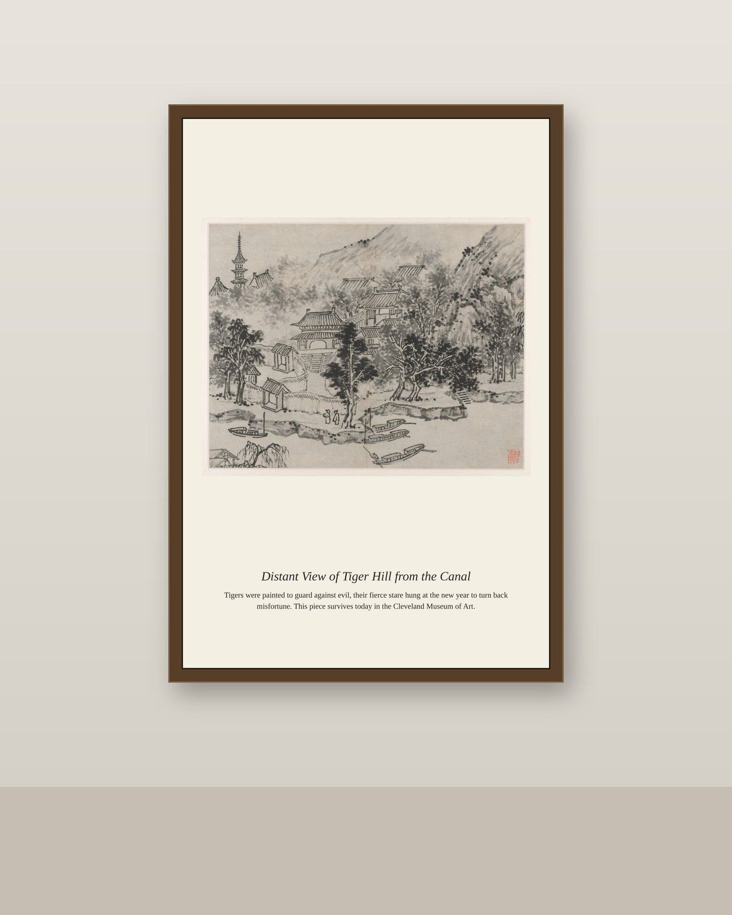Distant View of Tiger Hill antique natural history print shown framed on a wall in a styled room