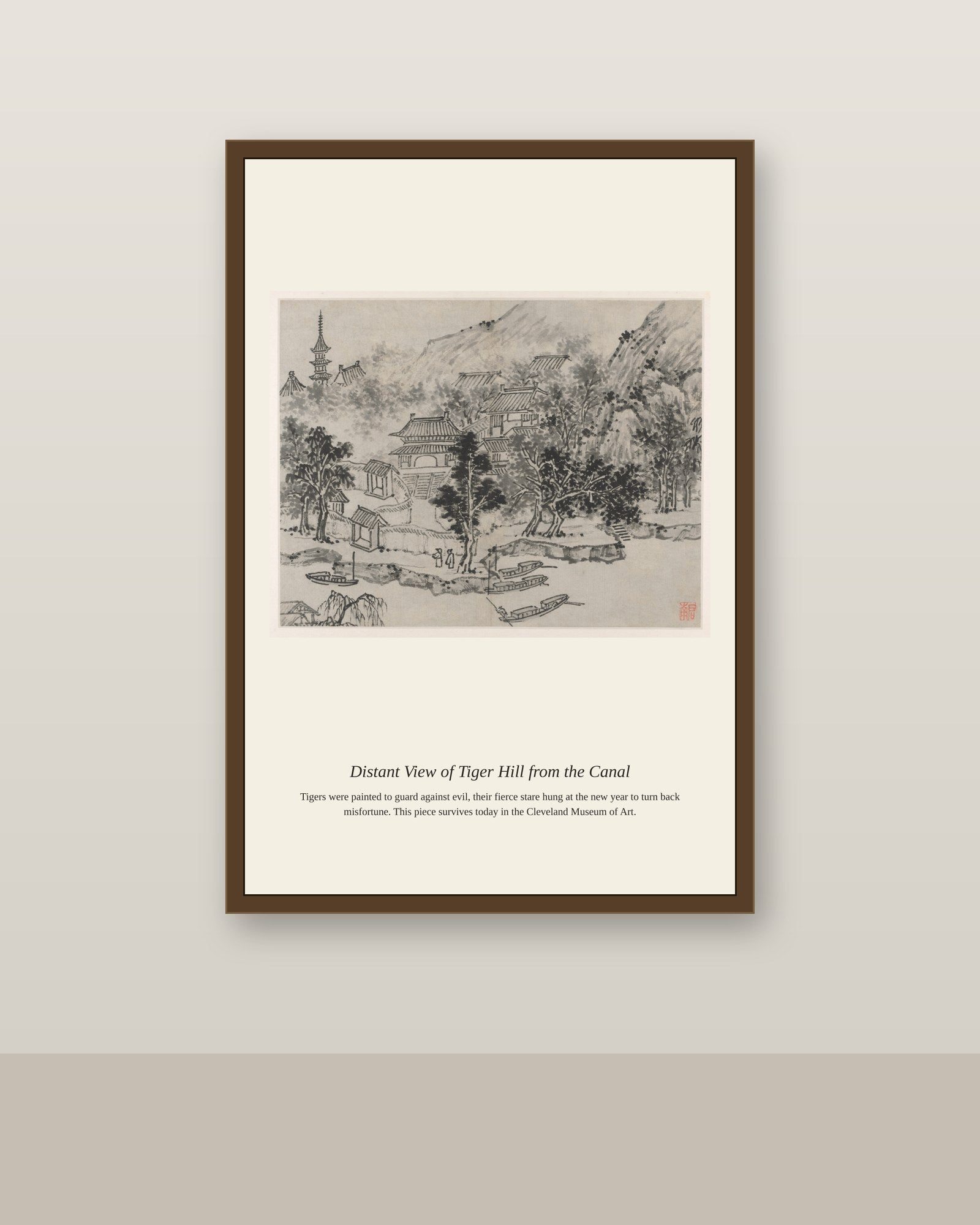 Distant View of Tiger Hill antique natural history print shown framed on a wall in a styled room