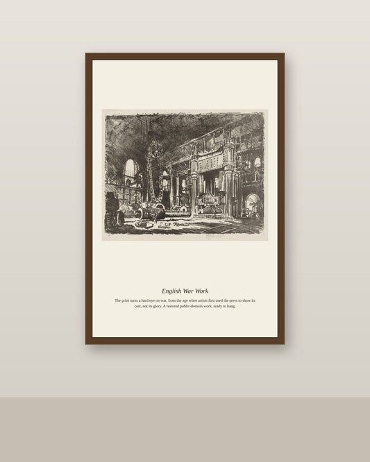 English War Work antique historical print shown framed on a wall in a styled room