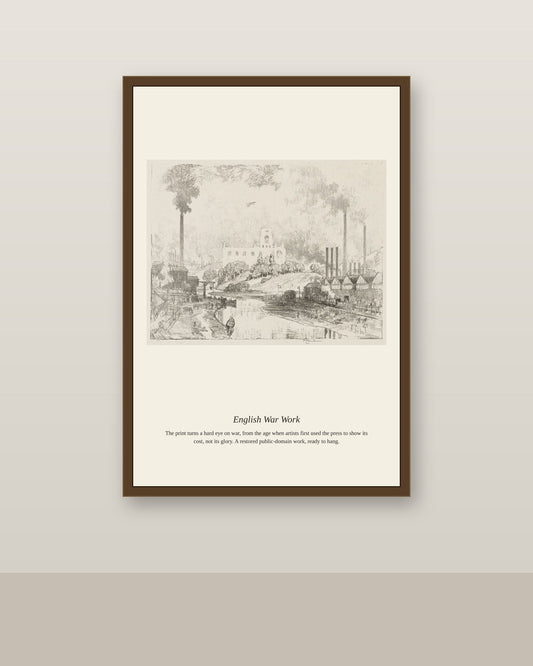 English War Work (11) antique historical print shown framed on a wall in a styled room