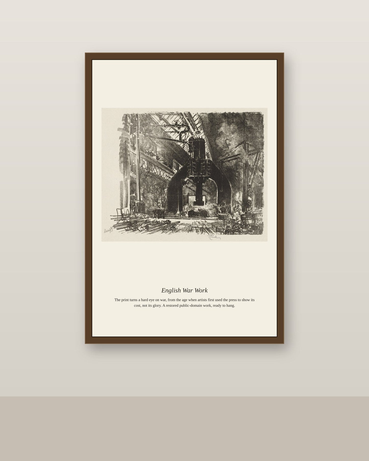 English War Work (2) antique historical print shown framed on a wall in a styled room