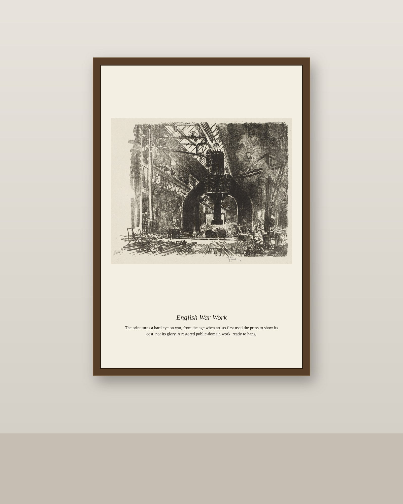 English War Work (2) antique historical print shown framed on a wall in a styled room