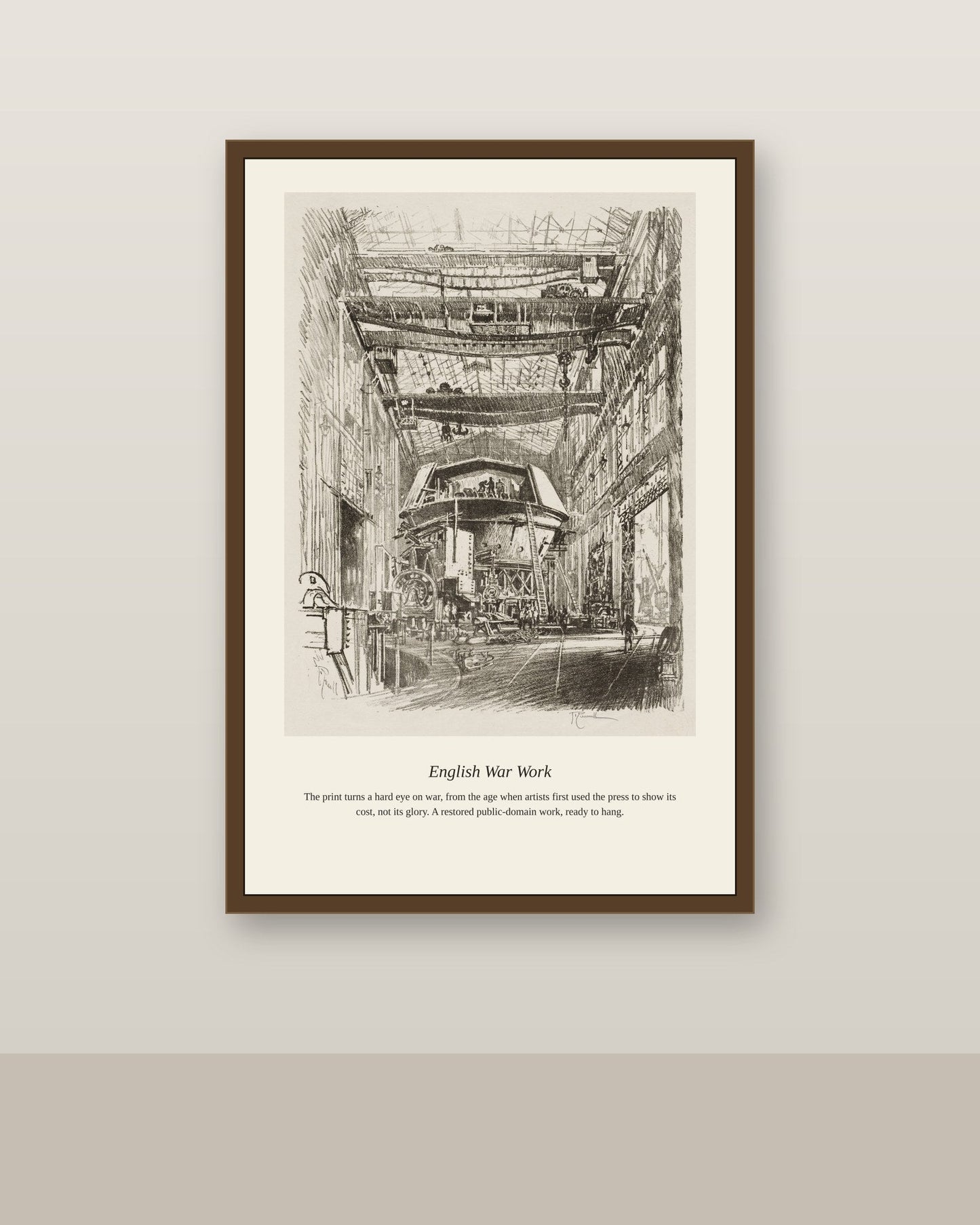 English War Work (3) antique historical print shown framed on a wall in a styled room