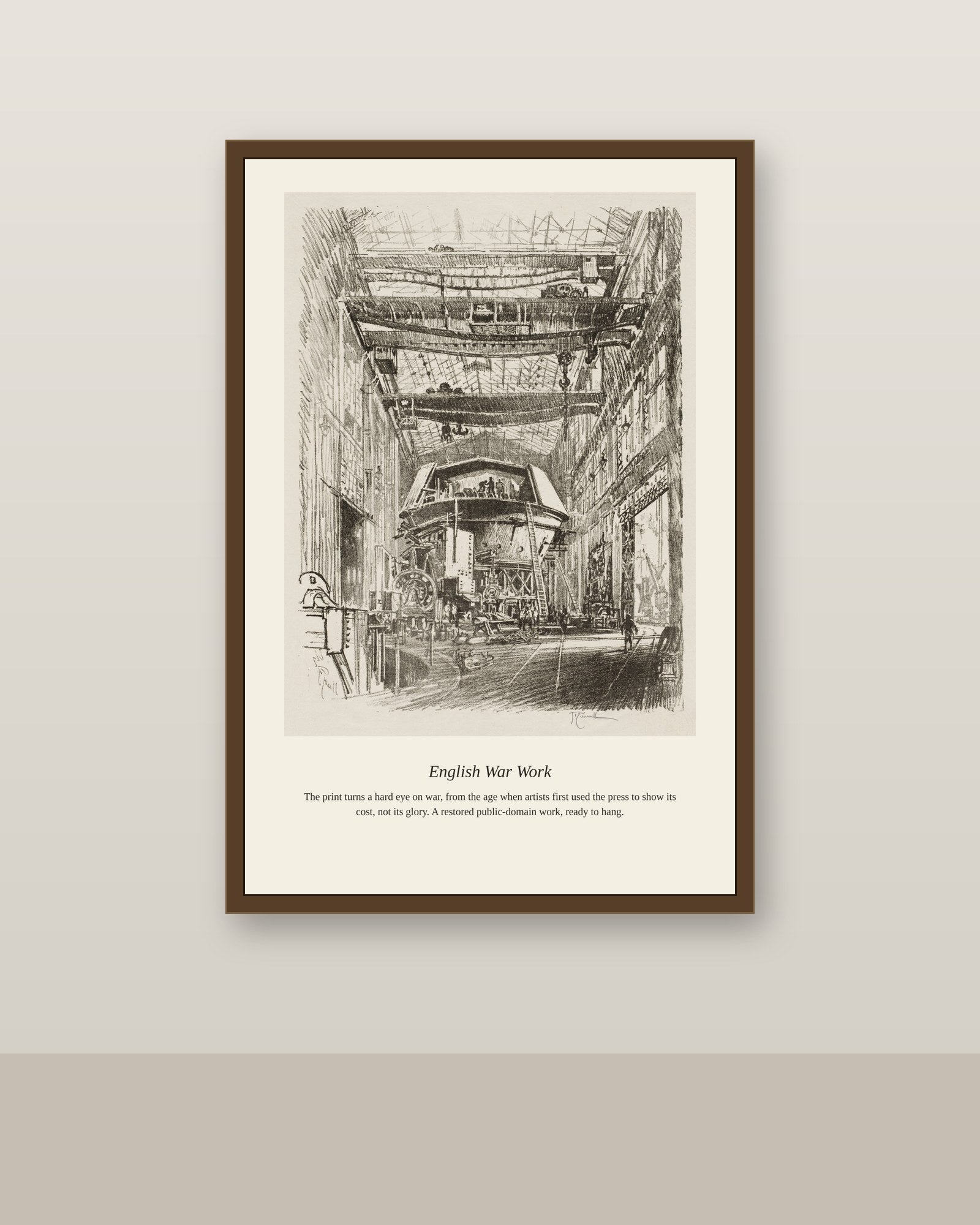 English War Work (3) antique historical print shown framed on a wall in a styled room