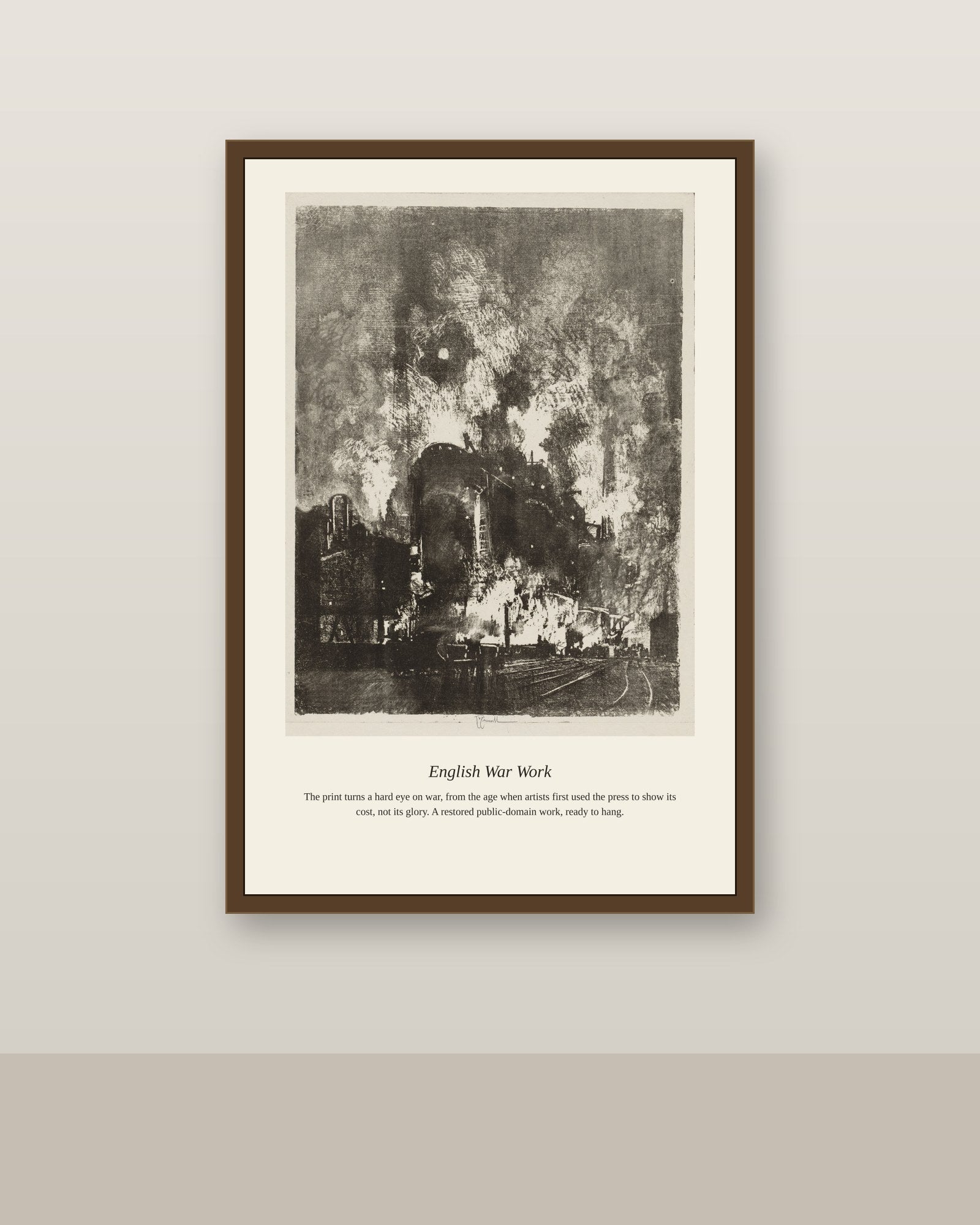 English War Work (4) antique historical print shown framed on a wall in a styled room