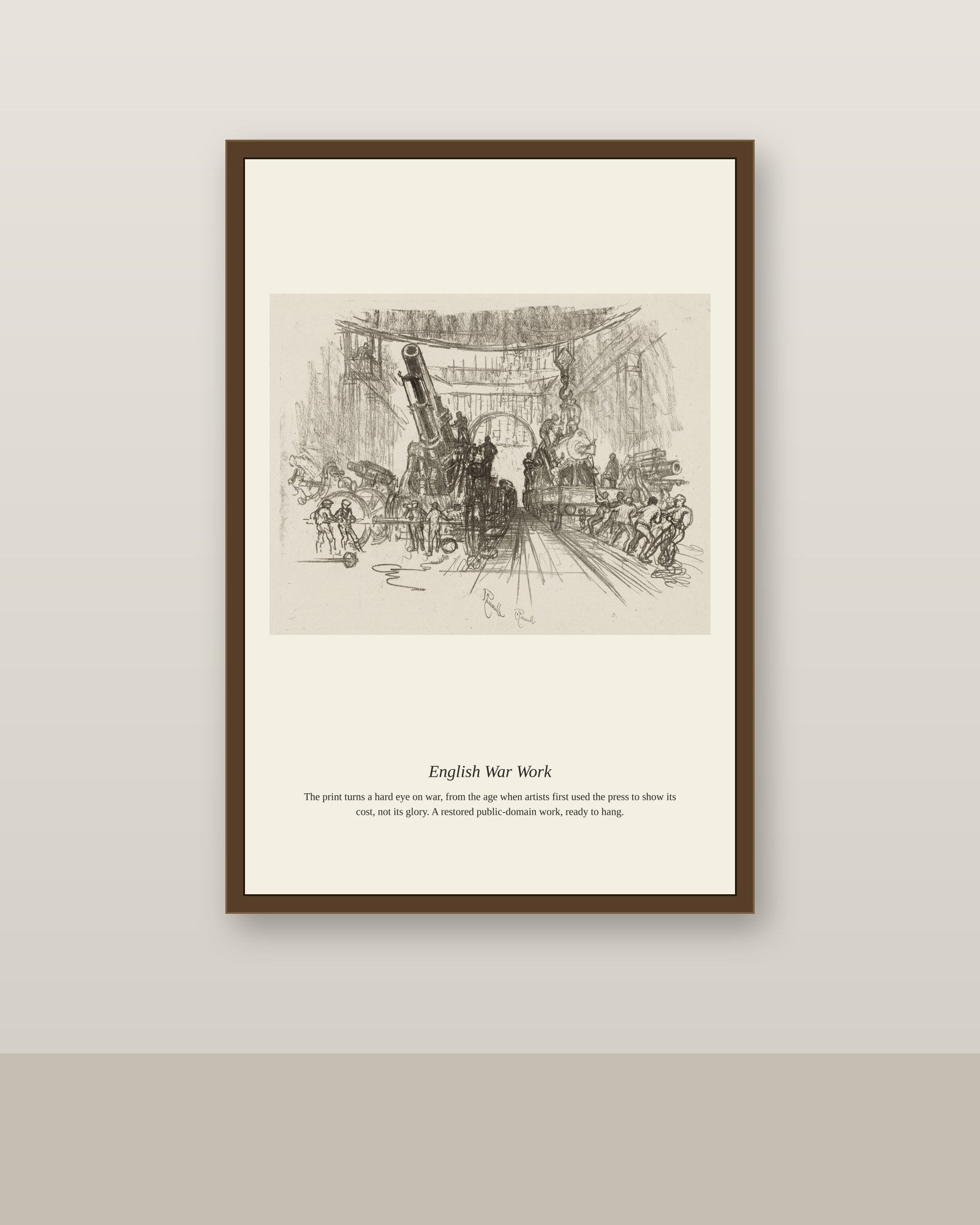 English War Work (8) antique historical print shown framed on a wall in a styled room