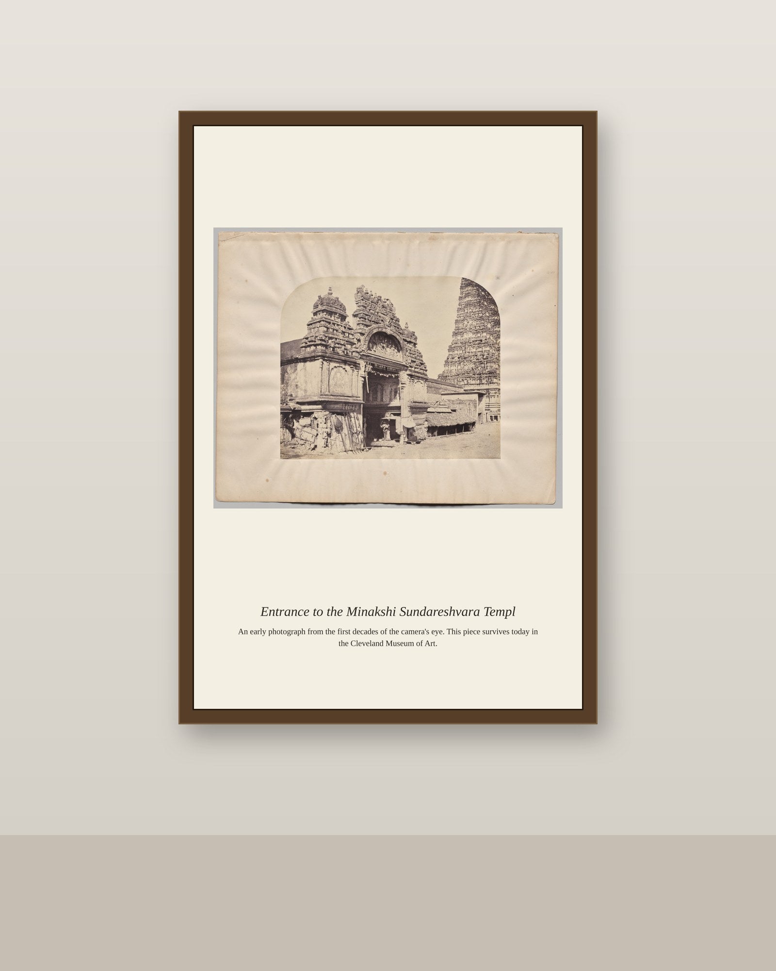 Entrance to the Minakshi Sundareshvara antique photograph print shown framed on a wall in a styled room