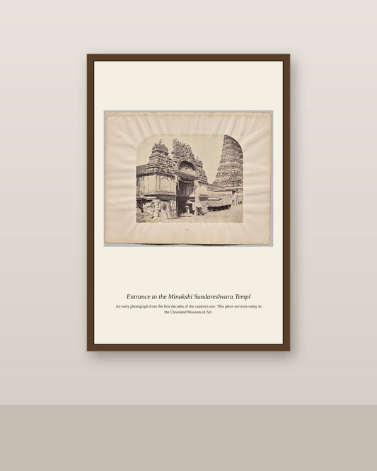 Entrance to the Minakshi Sundareshvara antique photograph print shown framed on a wall in a styled room