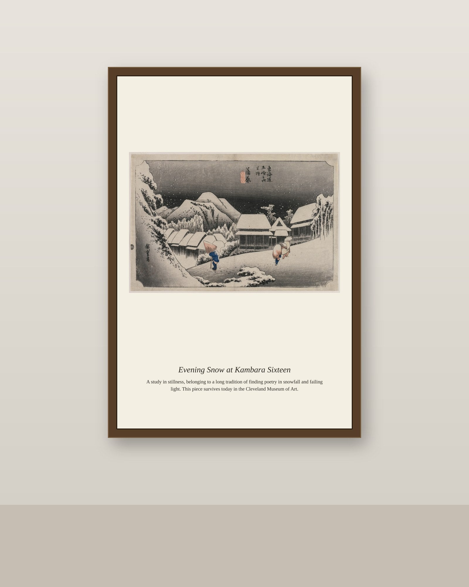 Evening Snow at Kambara Sixteen antique landscape print shown framed on a wall in a styled room