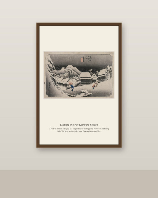 Evening Snow at Kambara Sixteen antique landscape print shown framed on a wall in a styled room