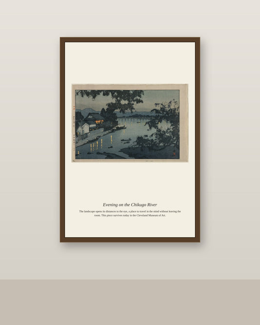 Evening on the Chikugo River antique landscape print shown framed on a wall in a styled room