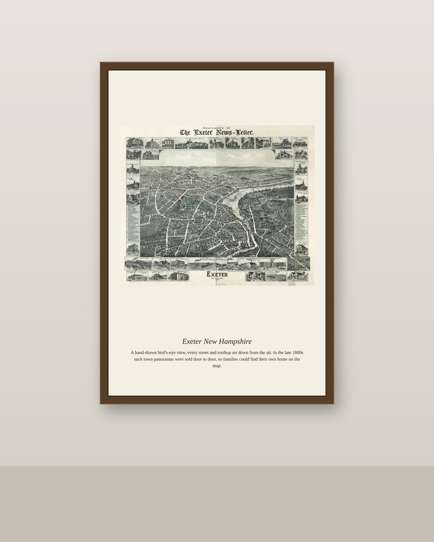 Exeter New Hampshire antique map print shown framed on a wall in a styled room