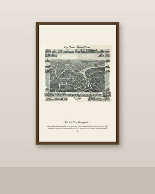 Exeter New Hampshire antique map print shown framed on a wall in a styled room