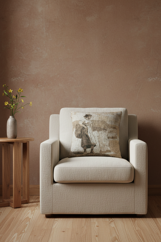 A cream-colored upholstered armchair in a styled room setting, featuring a square throw pillow with a vintage-style illustration of a woman carrying a basket. A small wooden side table with a vase of yellow flowers is positioned to the left against a textured brown wall and light wood flooring.