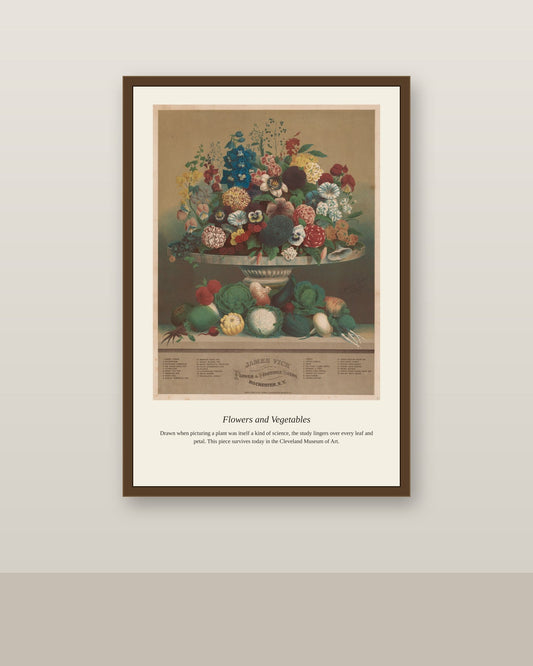 Flowers and Vegetables antique botanical print shown framed on a wall in a styled room