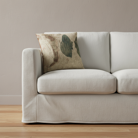 A light beige slipcovered sofa with a decorative throw pillow featuring an abstract green and brown pattern on a textured beige background, set against a neutral beige wall and light wood flooring.