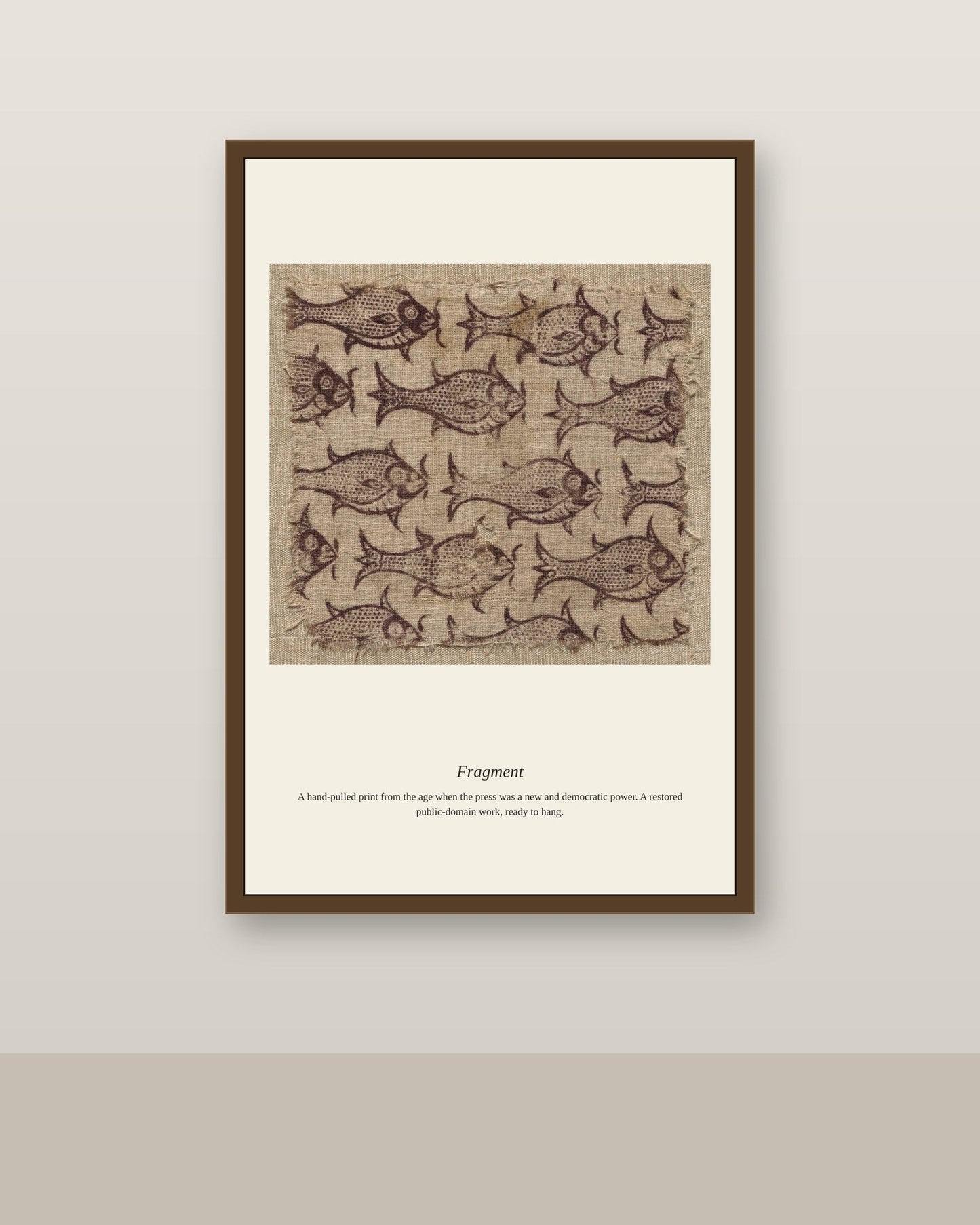 Fragment antique art print shown framed on a wall in a styled room