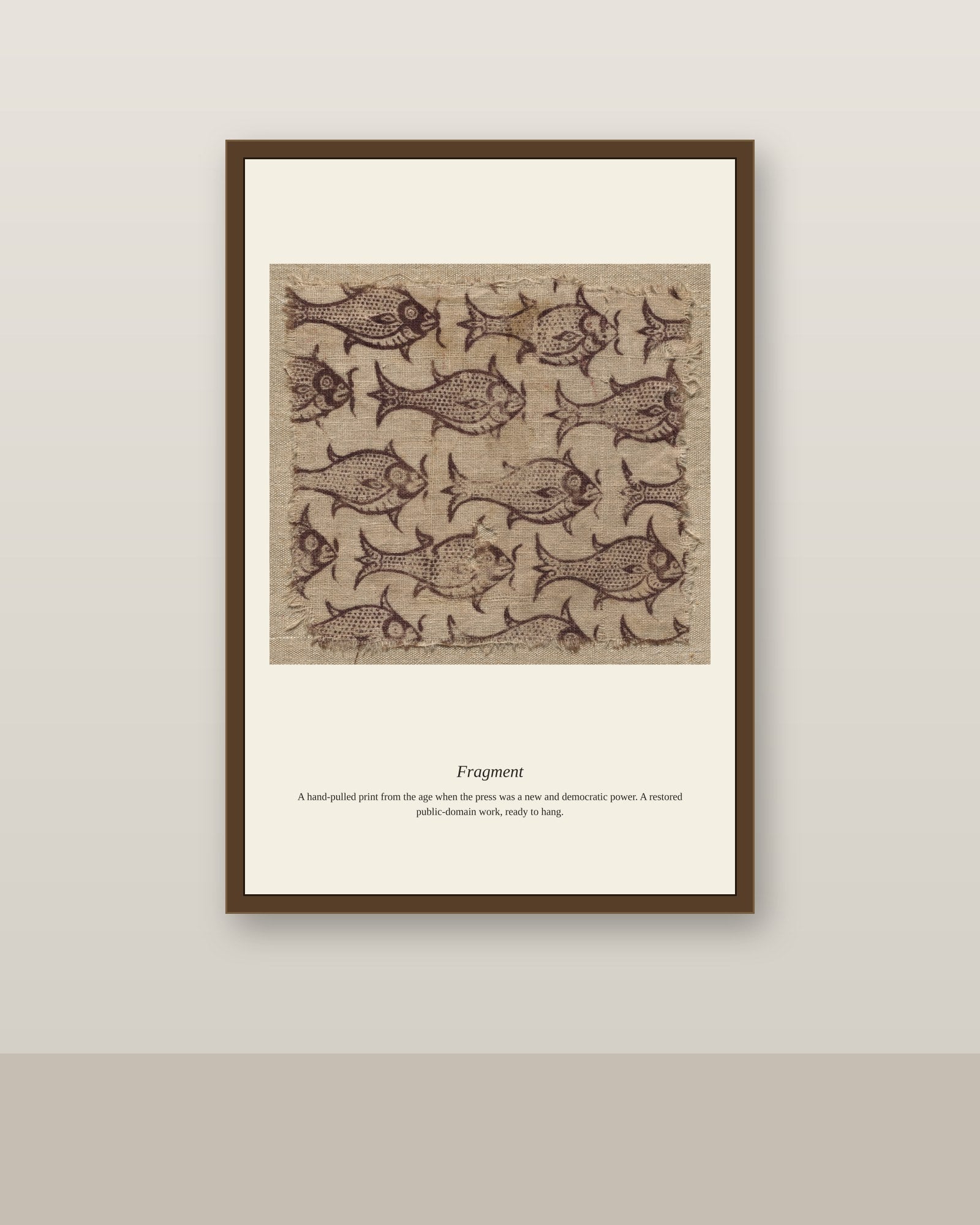 Fragment antique art print shown framed on a wall in a styled room