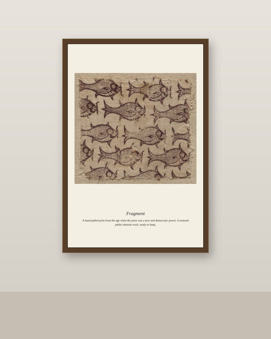 Fragment antique art print shown framed on a wall in a styled room