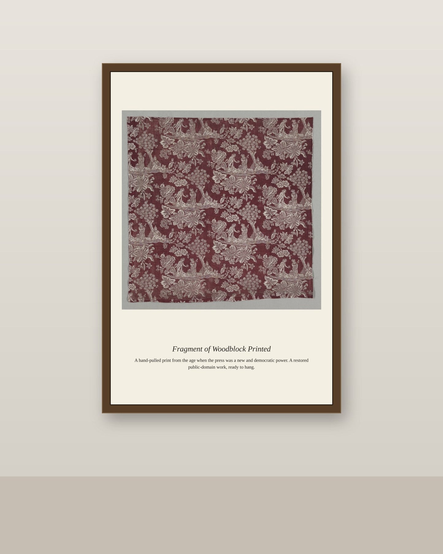 Fragment of Woodblock Printed antique art print shown framed on a wall in a styled room
