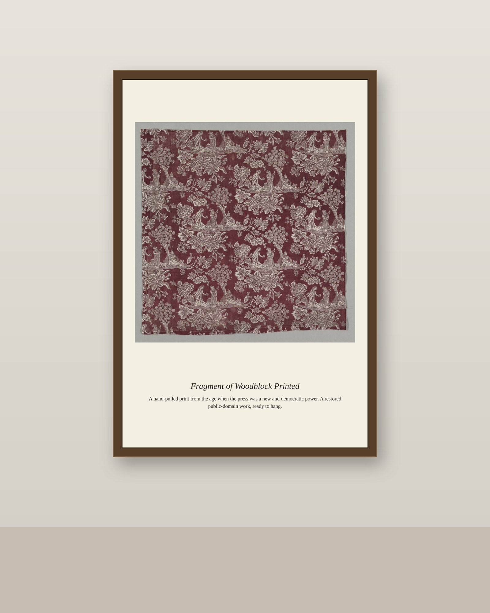Fragment of Woodblock Printed antique art print shown framed on a wall in a styled room