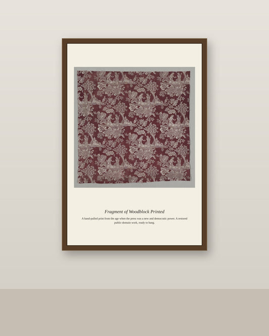 Fragment of Woodblock Printed antique art print shown framed on a wall in a styled room