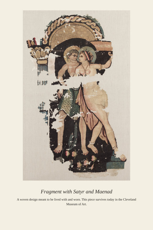 Fragment with Satyr and Maenad antique textile print, Roman standing figures in rosy tones, irregular fragment edges