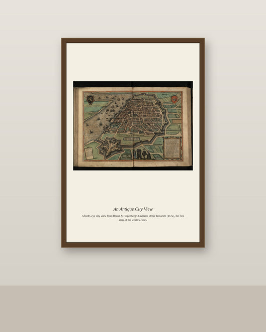 Frans Hogenberg, Antverpia antique city map print shown framed on a wall in a styled room