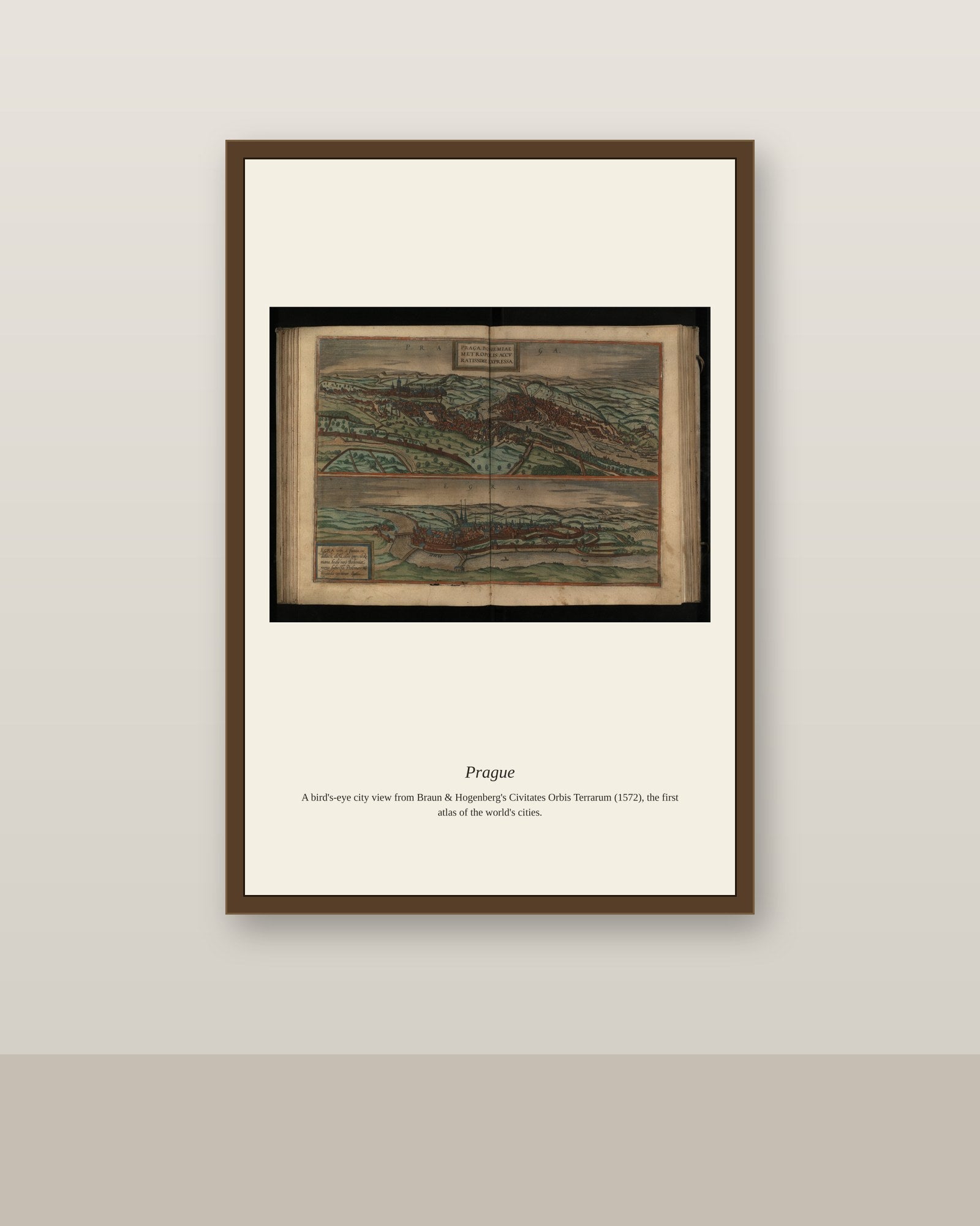 Frans Hogenberg, Praga antique city map print shown framed on a wall in a styled room