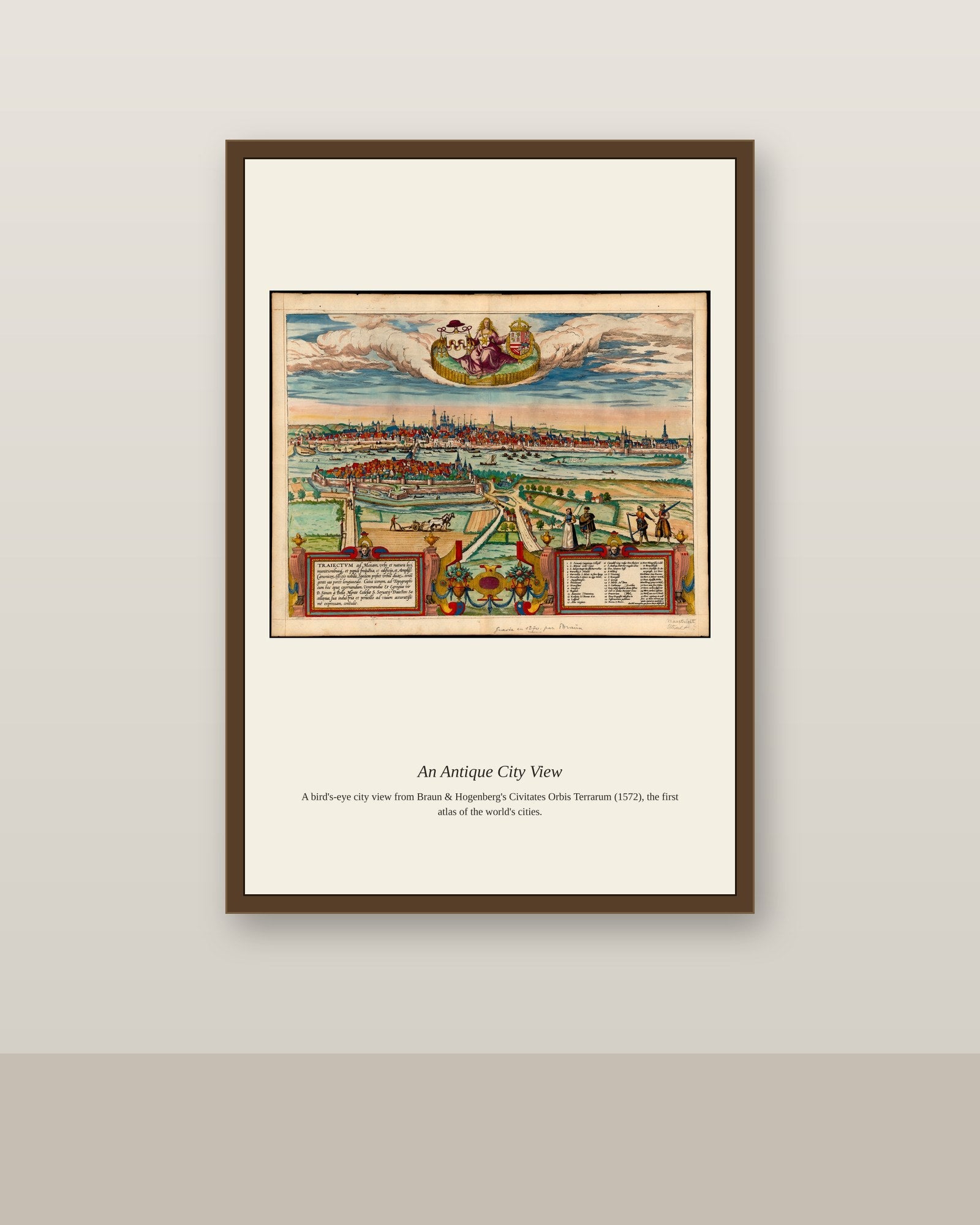 Frans Hogenberg, Traiectum Mosam antique city map print shown framed on a wall in a styled room