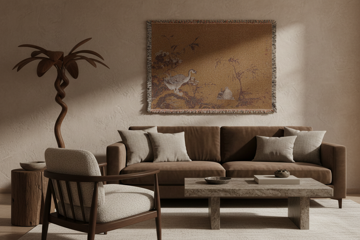 Geese on a Riverbank Tapestry Blanket