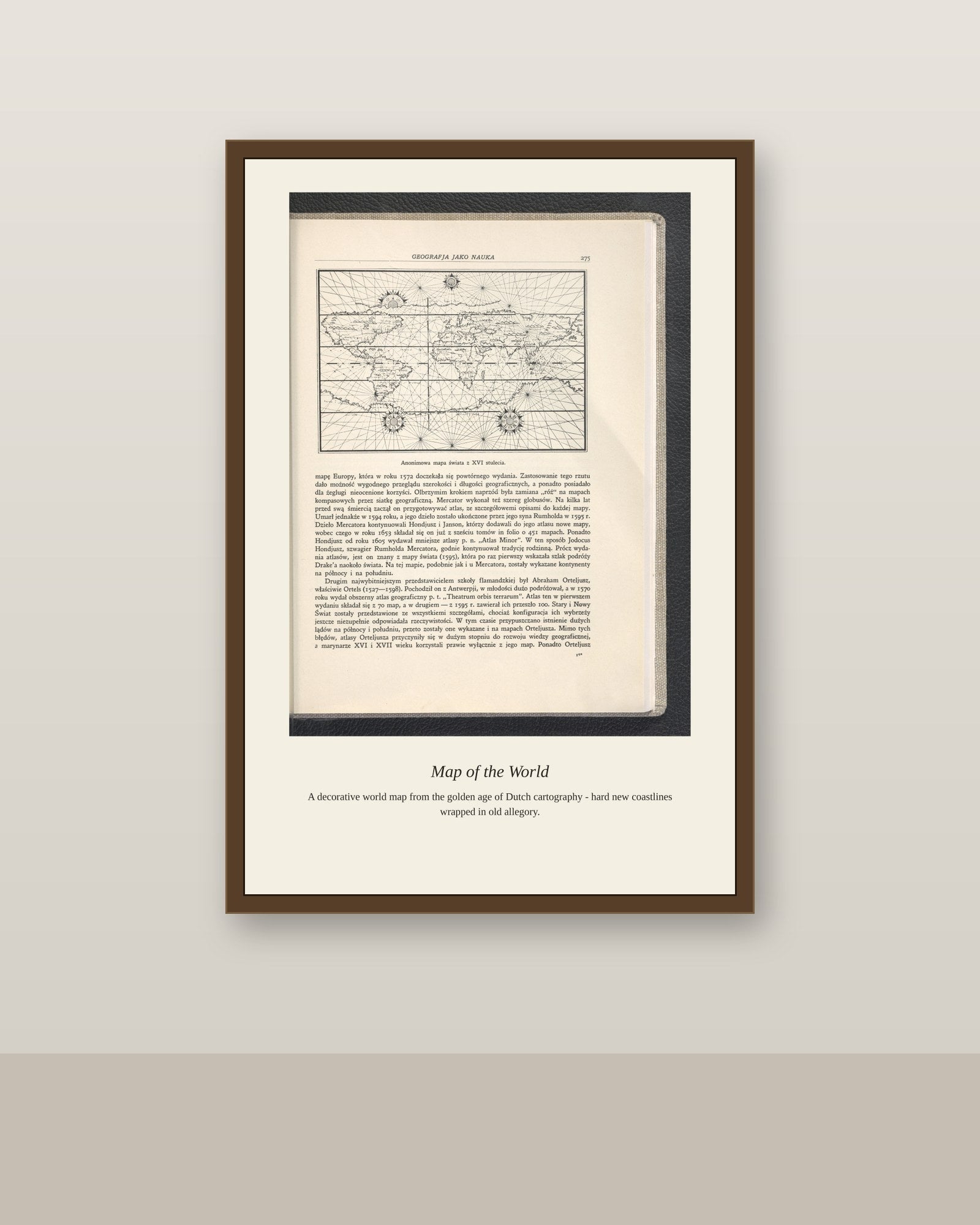 Geografja Jako Nauka antique art print shown framed on a wall in a styled room
