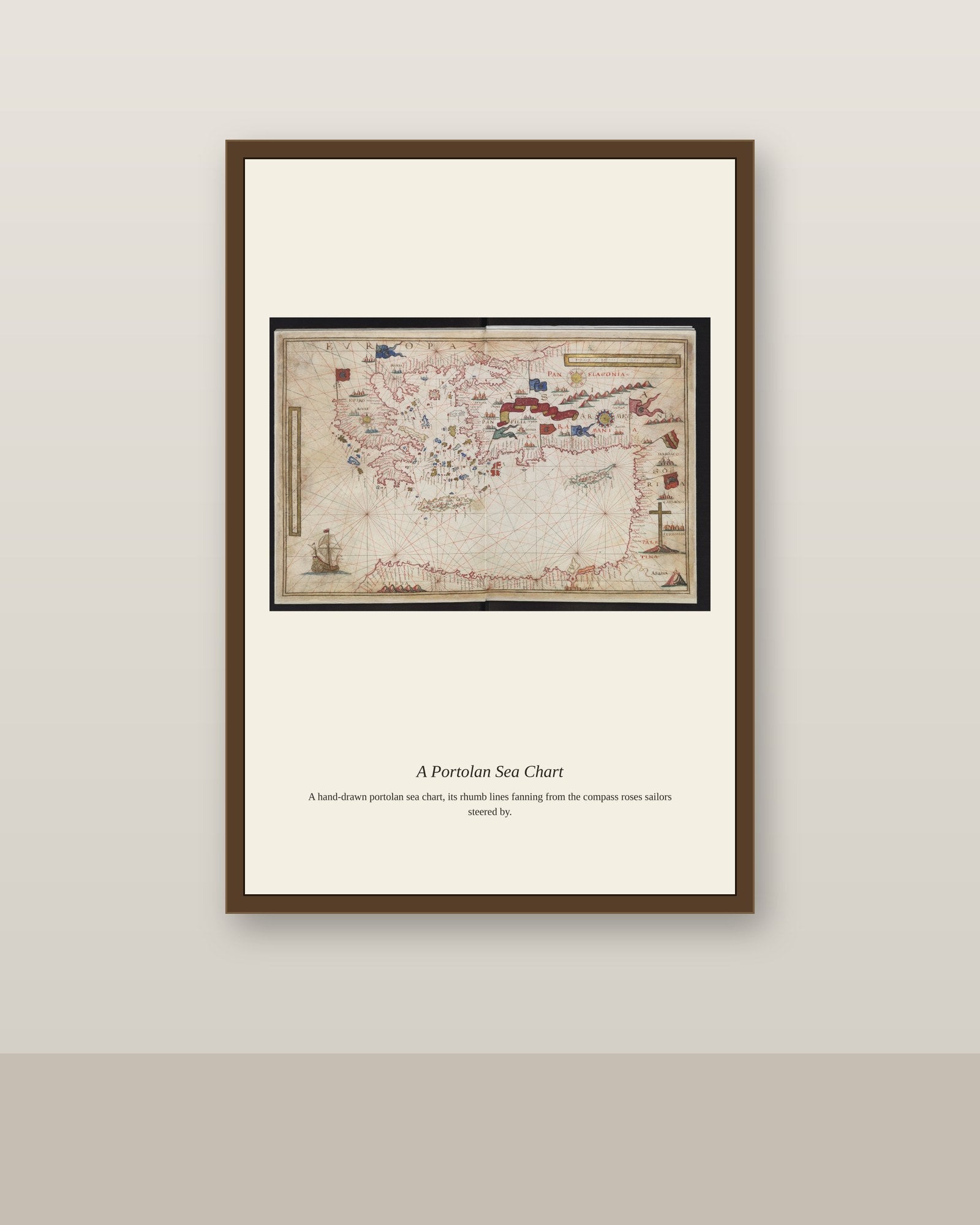Geographicae Tabulae in Charta Pergamena antique art print shown framed on a wall in a styled room