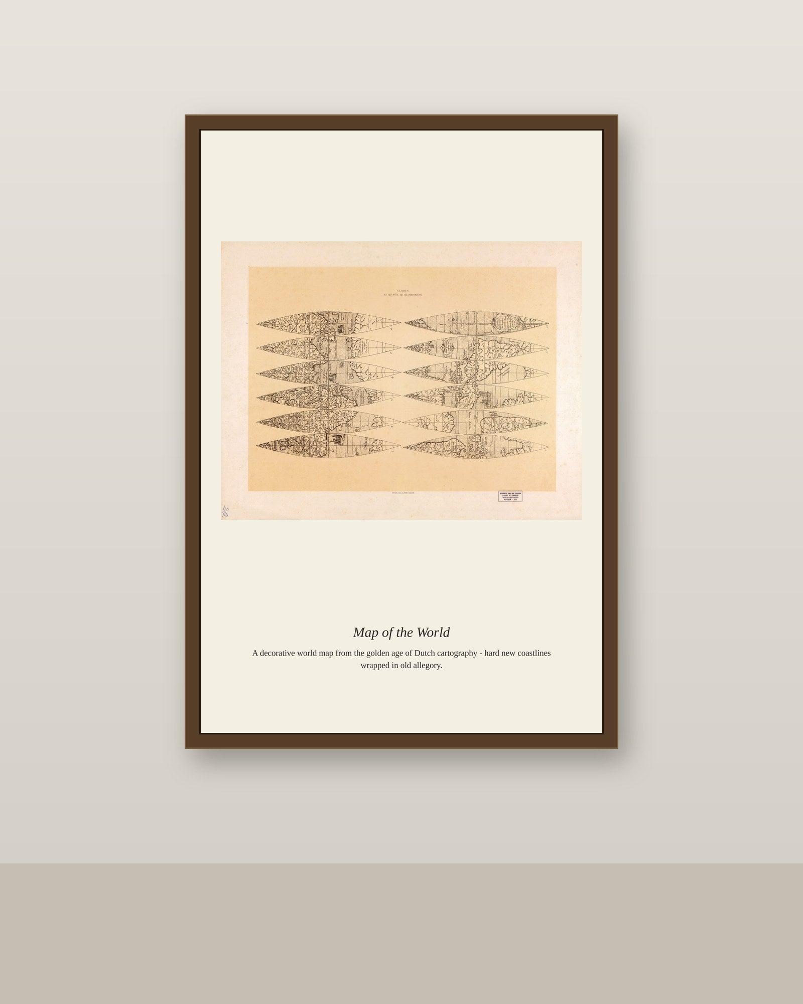 Globus Aus Der Mitte Des XVI Jahrhunderts antique art print shown framed on a wall in a styled room