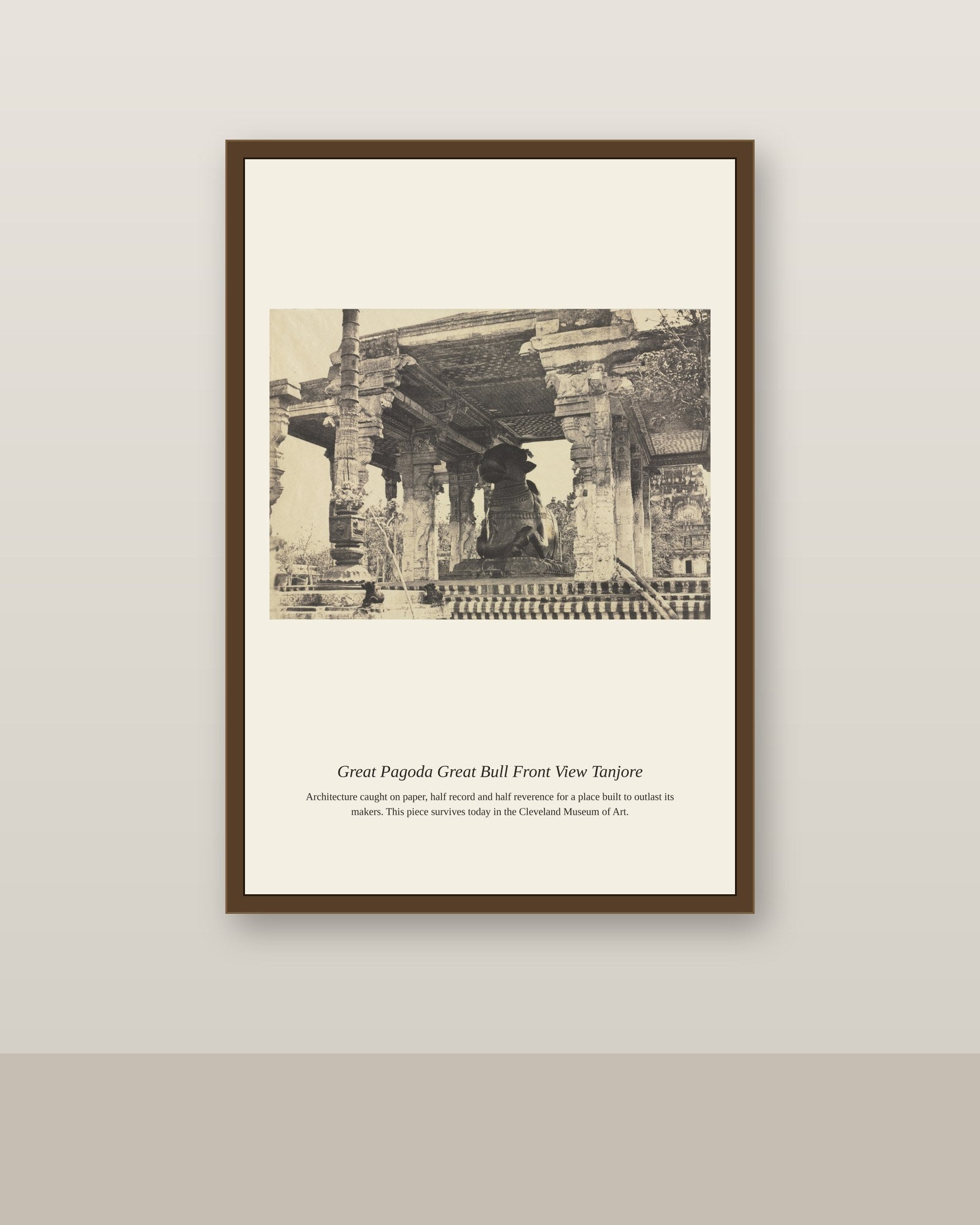Great Pagoda Great Bull Front View antique architectural print shown framed on a wall in a styled room