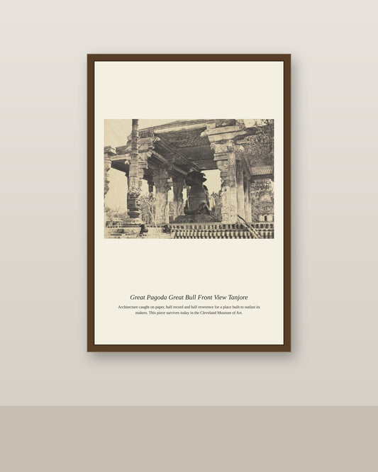 Great Pagoda Great Bull Front View antique architectural print shown framed on a wall in a styled room