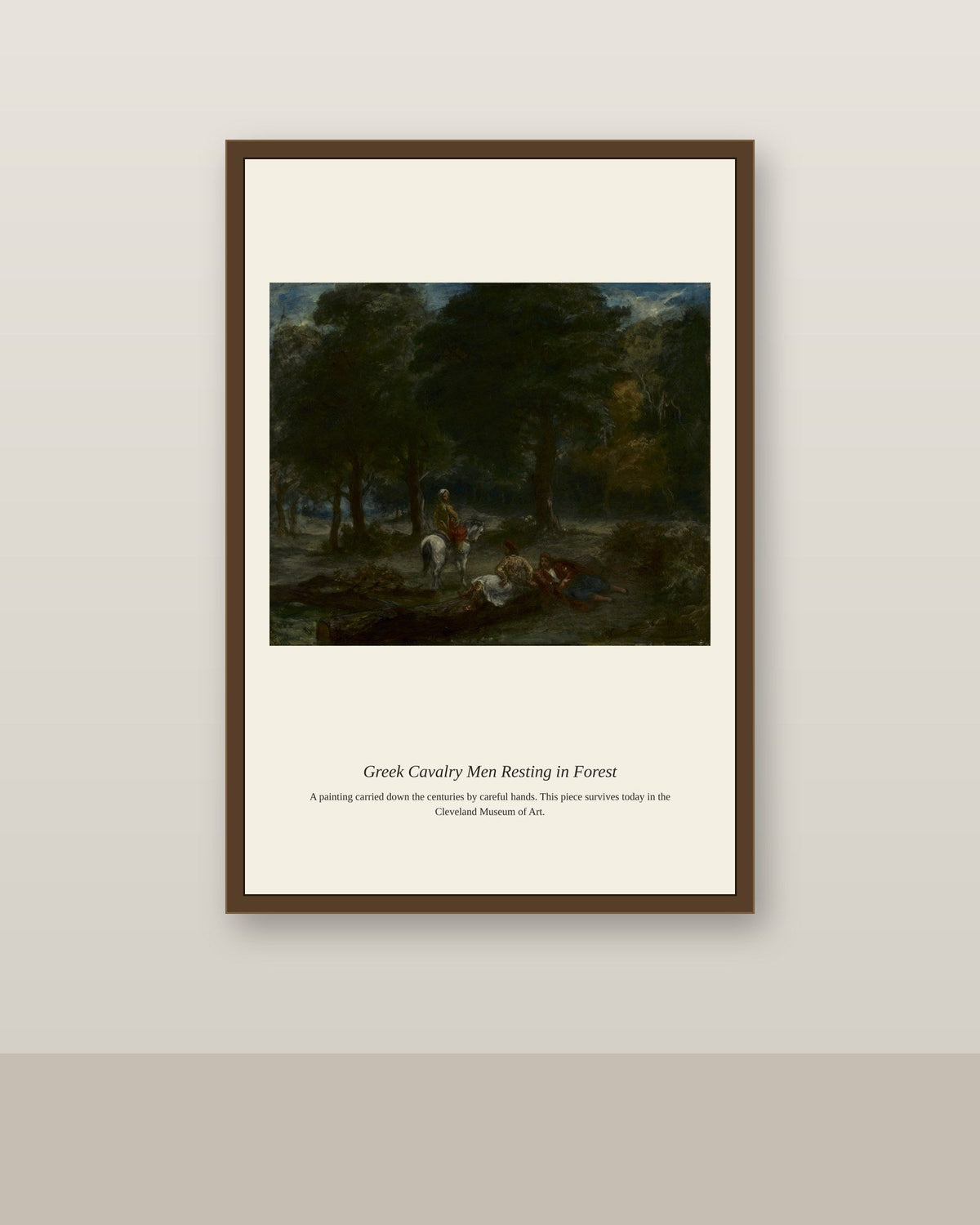 Greek Cavalry Men Resting in Forest - Ancient Historical Print antique historical print shown framed on a wall in a styled room
