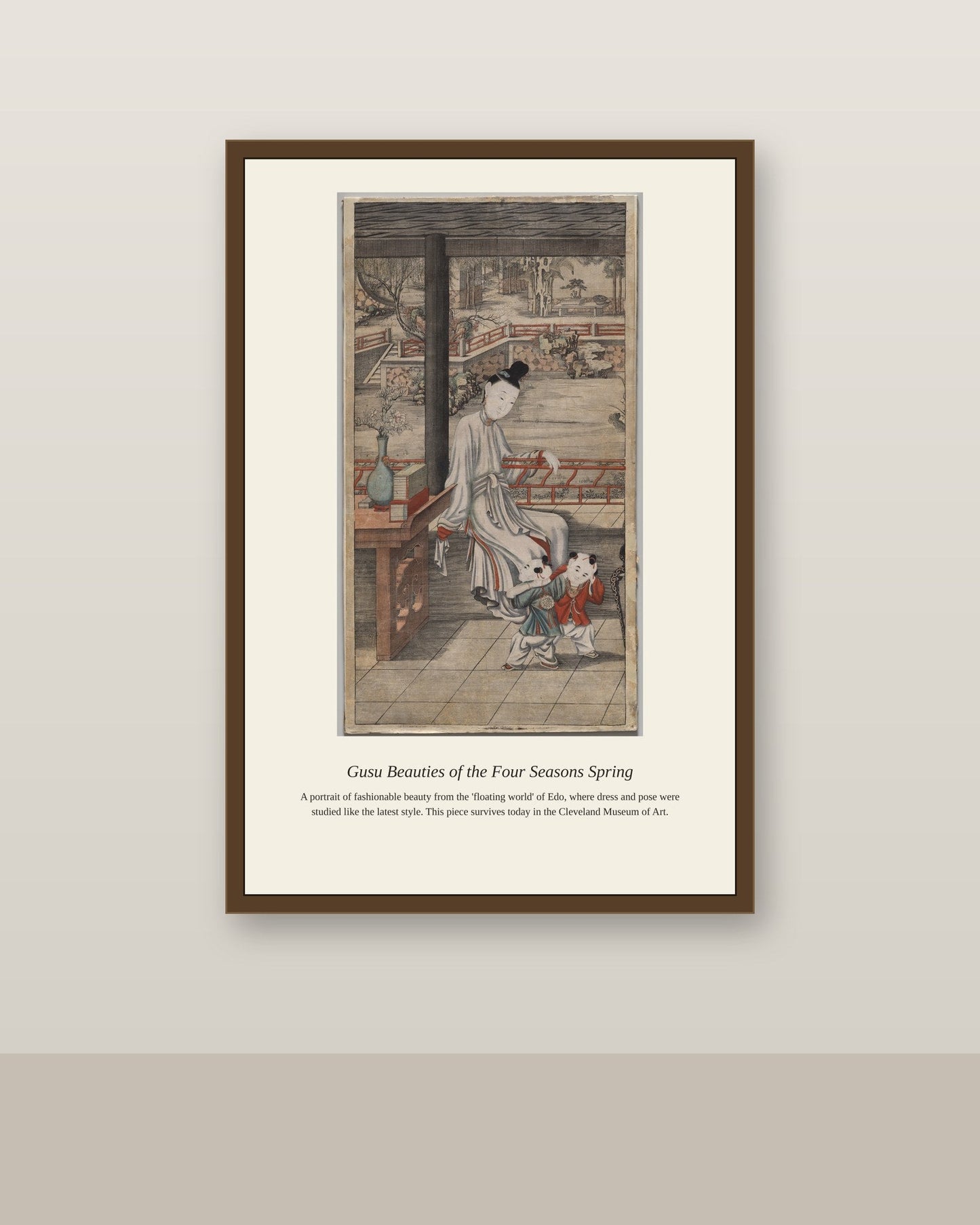 Gusu Beauties of the Four Seasons Spring antique portrait print shown framed on a wall in a styled room