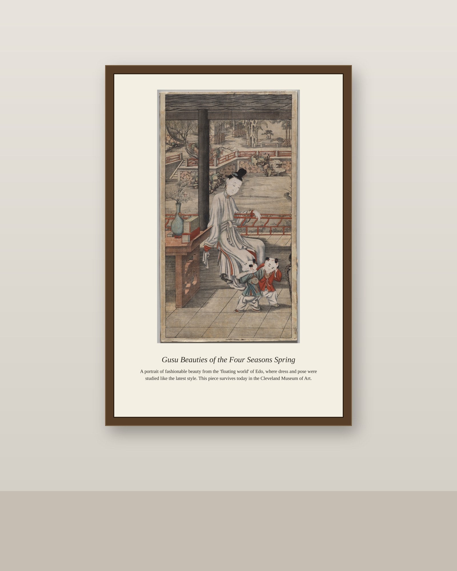 Gusu Beauties of the Four Seasons Spring antique portrait print shown framed on a wall in a styled room