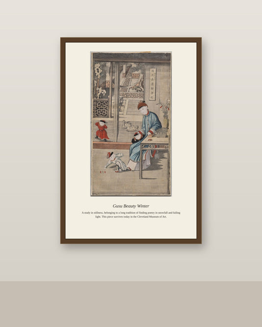 Gusu Beauty Winter antique portrait print shown framed on a wall in a styled room