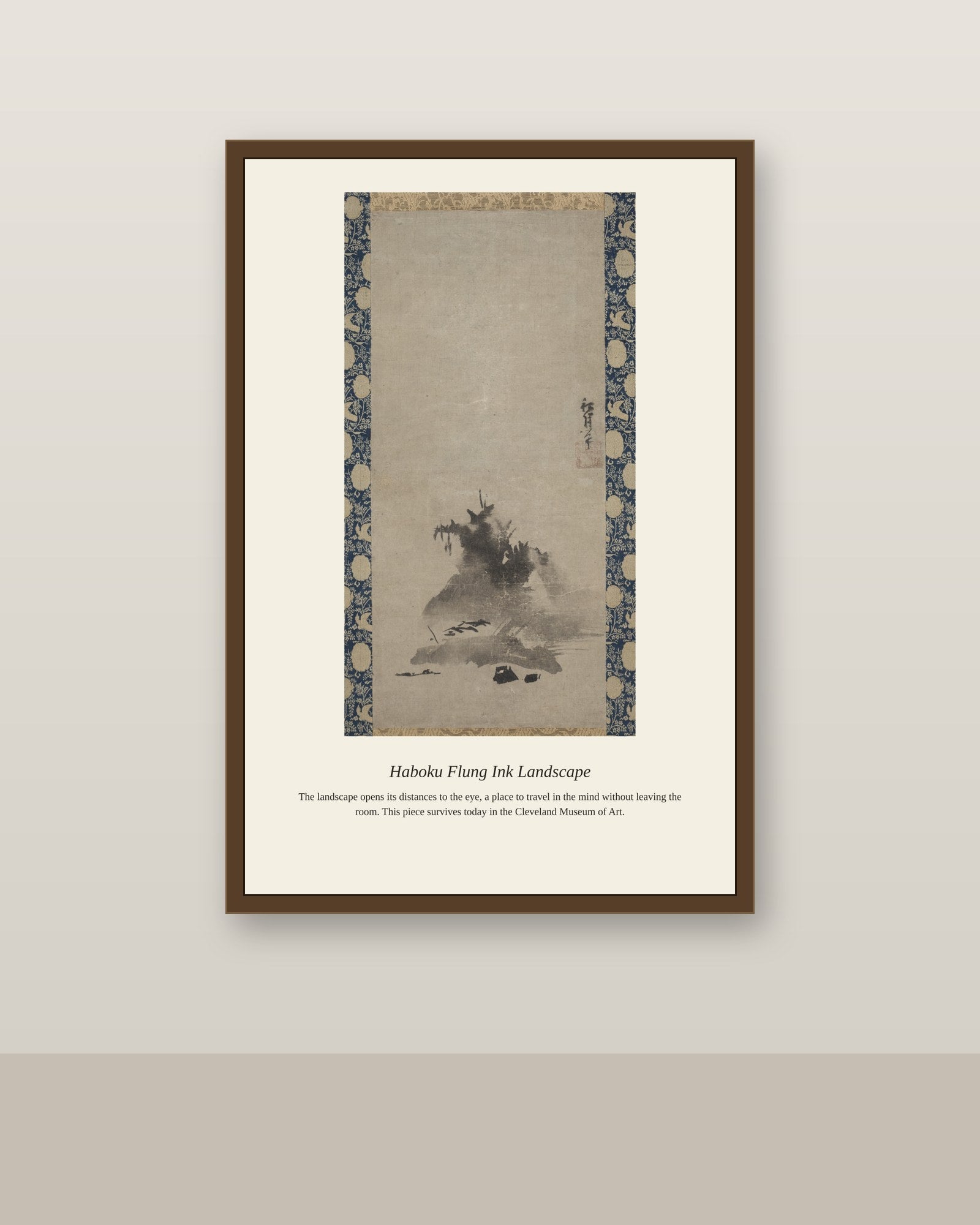 Haboku Flung Ink Landscape antique landscape print shown framed on a wall in a styled room