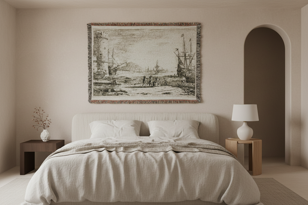 Harbor with a Large Tower — Lorrain Tapestry Blanket