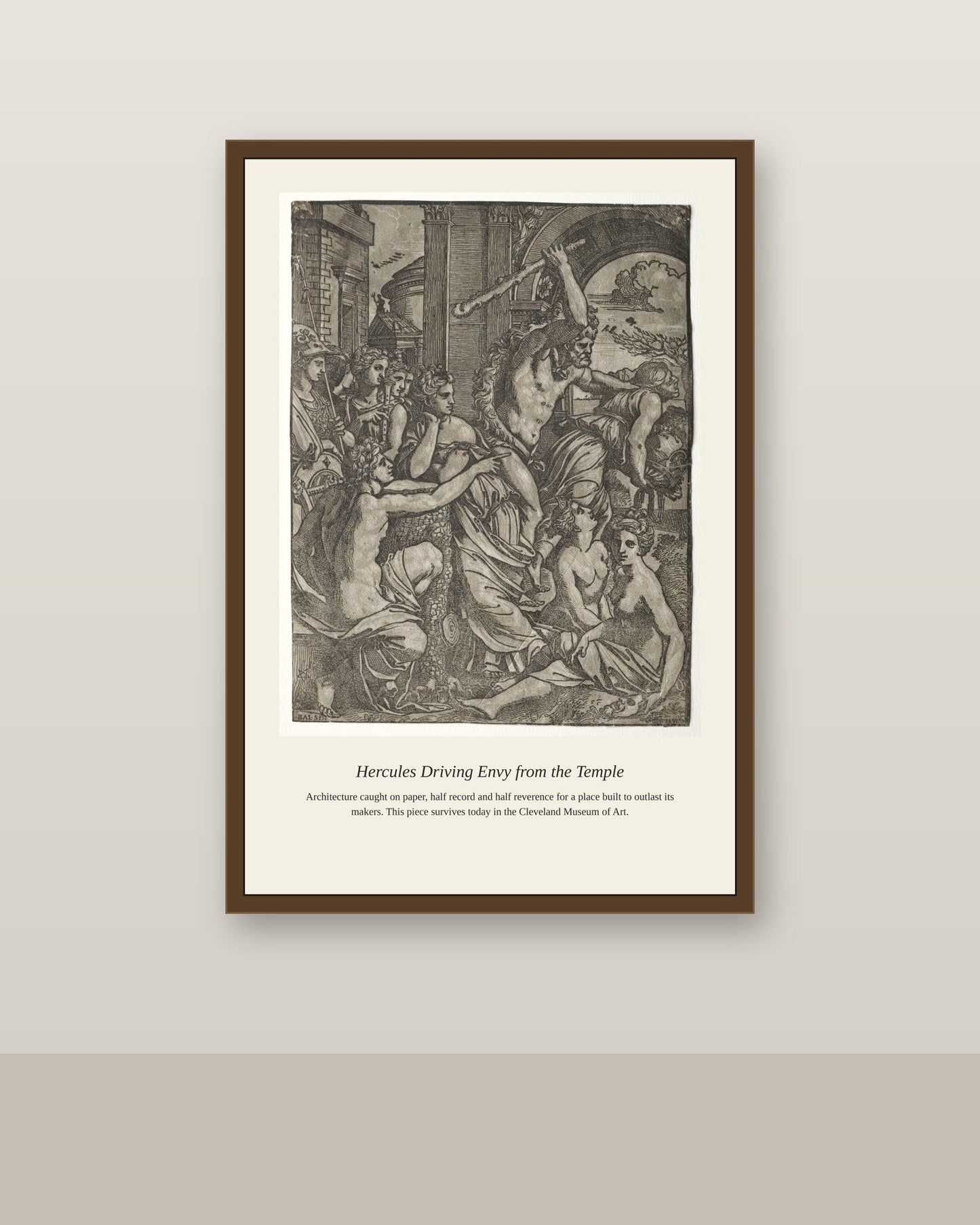 Hercules Driving Envy — Antique Print antique art print shown framed on a wall in a styled room